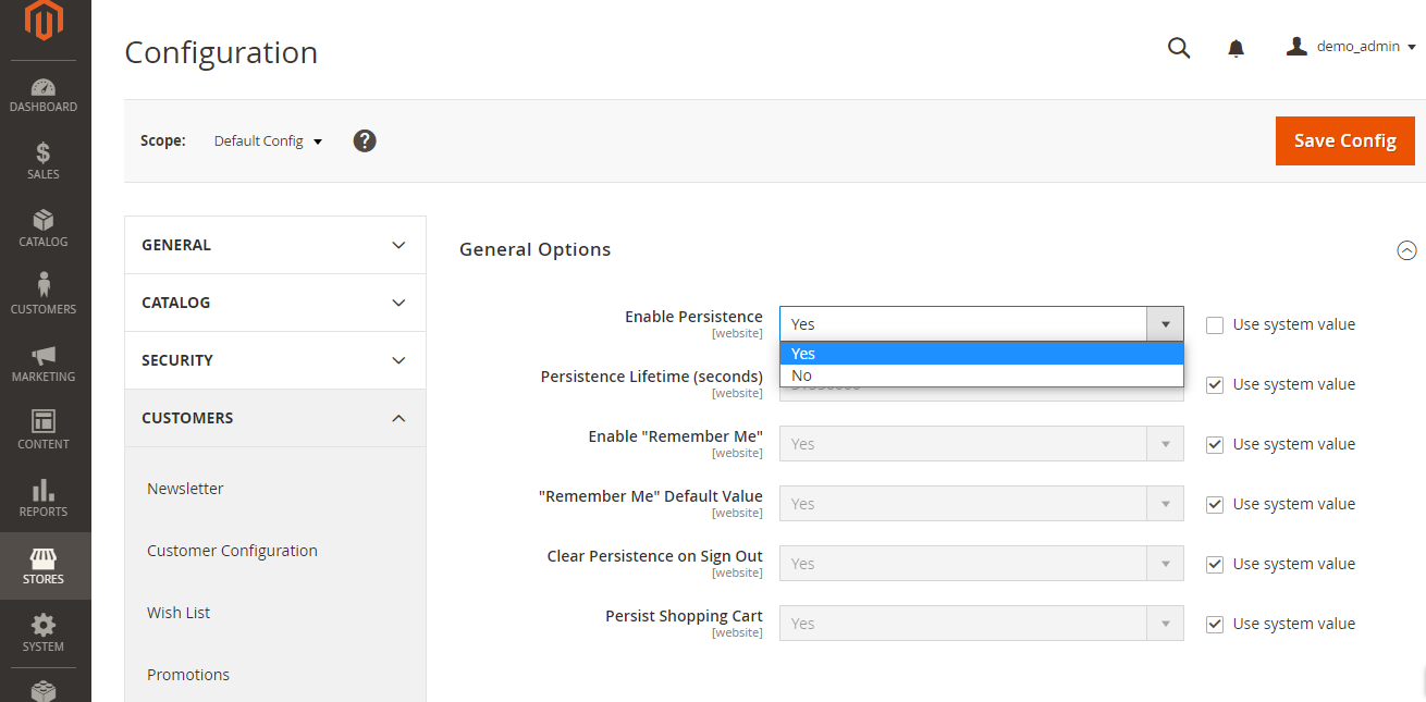 Configure the persistent cart